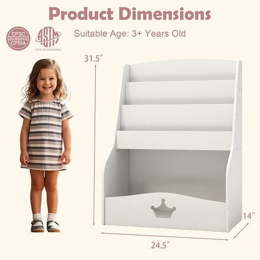 4 - Tier Kids Bookshelf with Shelves and Compartment for Toddlers - White - SolutionistKids Storage