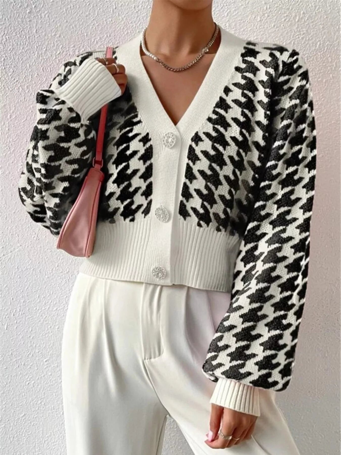 Houndstooth V - Neck Button Up Cardigan - Solutionist