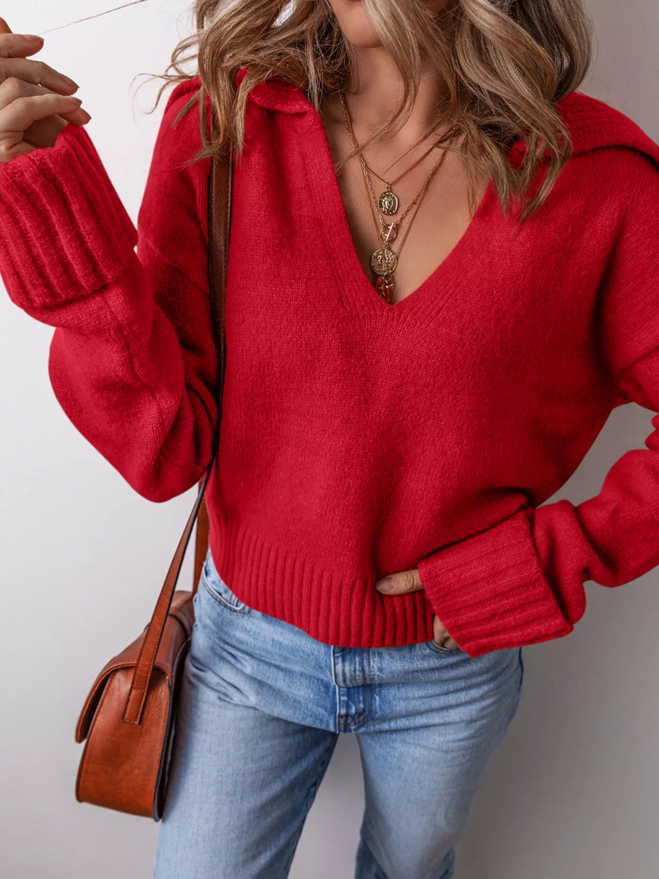 Collared V Neck Ribbed Edge Sweater - Solutionist