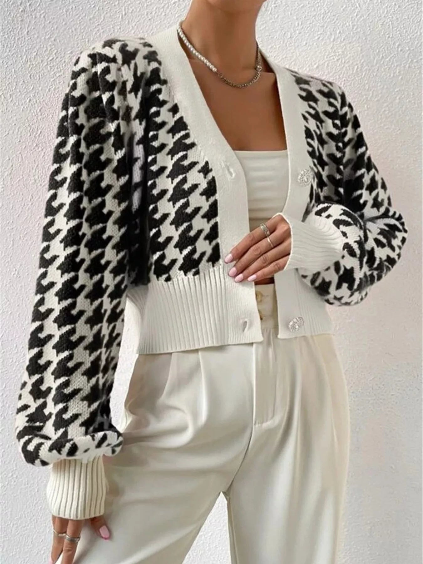 Houndstooth V - Neck Button Up Cardigan - Solutionist