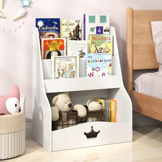 4 - Tier Kids Bookshelf with Shelves and Compartment for Toddlers - White - SolutionistKids Storage