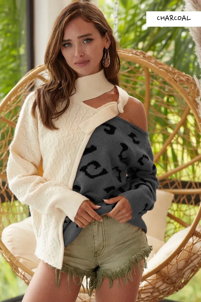 BiBi Cable - Knit Color Block One Shoulder Asymmetrical Sweater - Solutionist