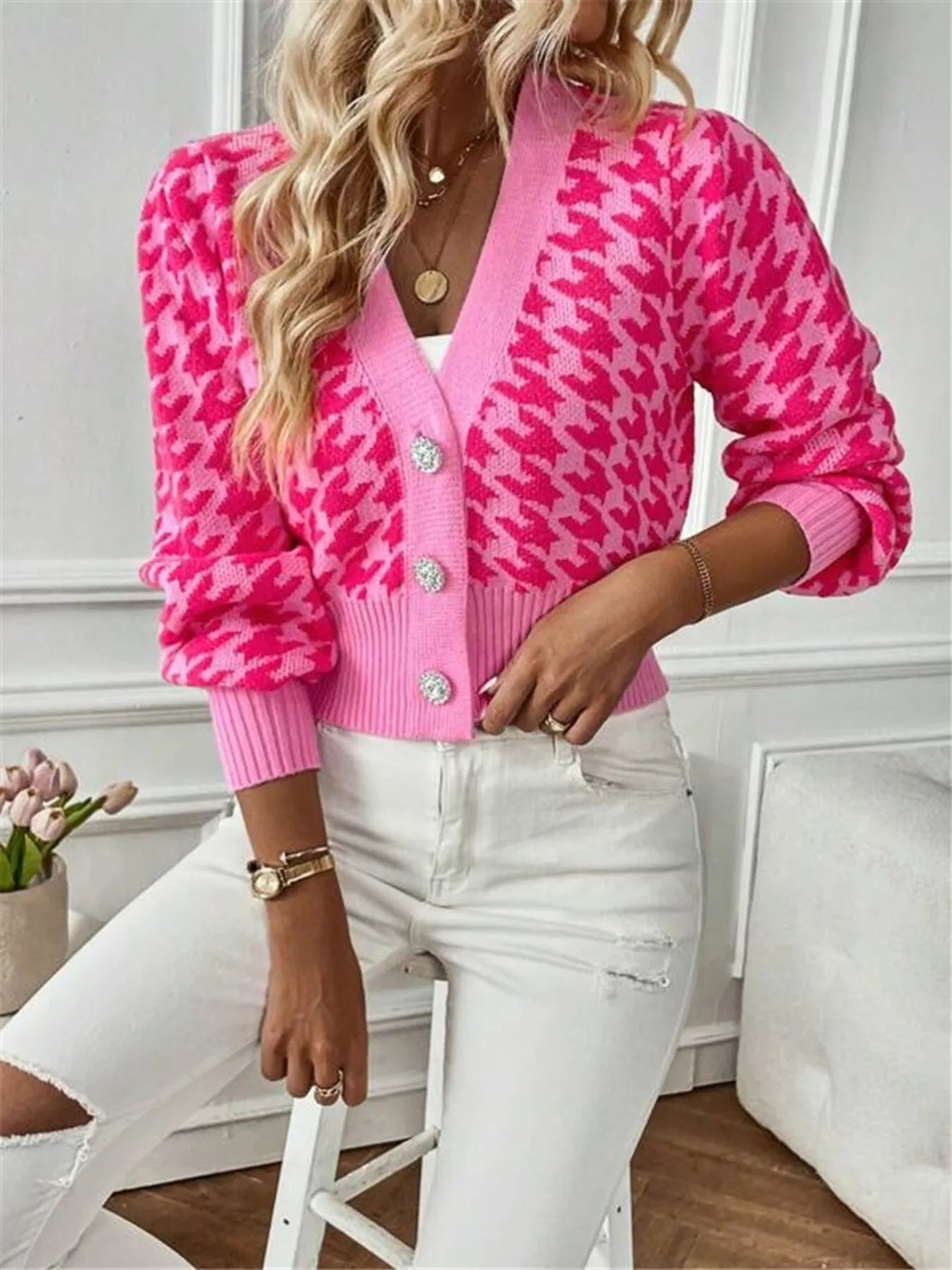 Houndstooth V - Neck Button Up Cardigan - Solutionist