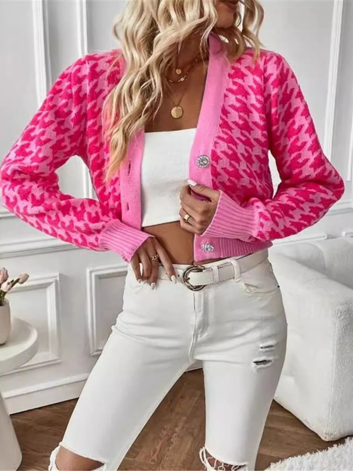 Houndstooth V - Neck Button Up Cardigan - Solutionist