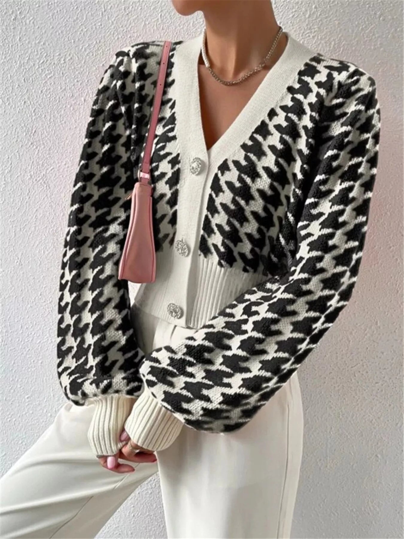 Houndstooth V - Neck Button Up Cardigan - Solutionist